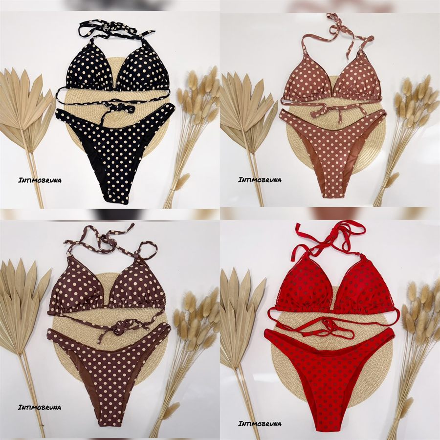 Komplete bikini me pika në të zezë, kafe dhe të kuqe